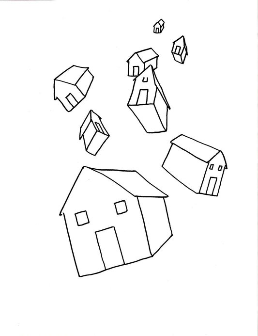 Maisons, dessin encadré 65 x 50cm