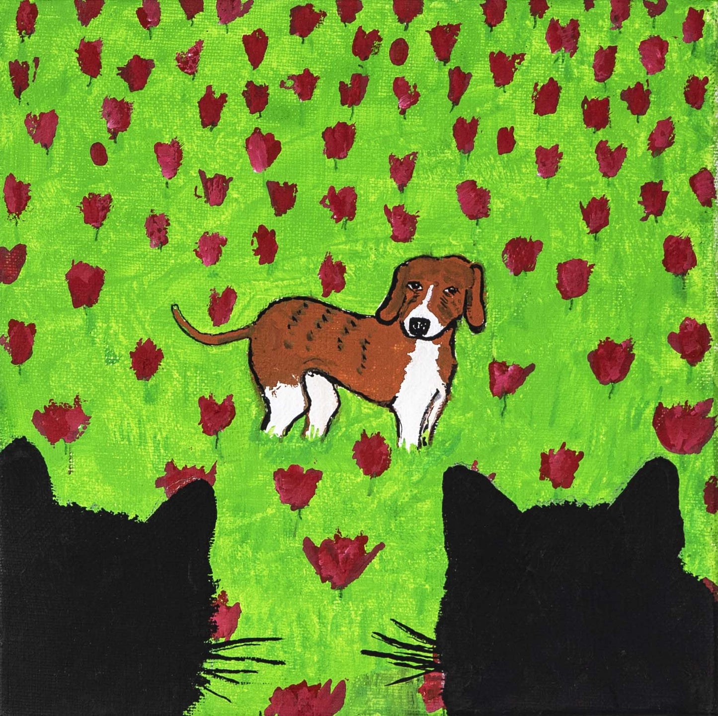 Zouzou and two cats, 2022, peinture à la gouache, encadrée 20 x 20 cm