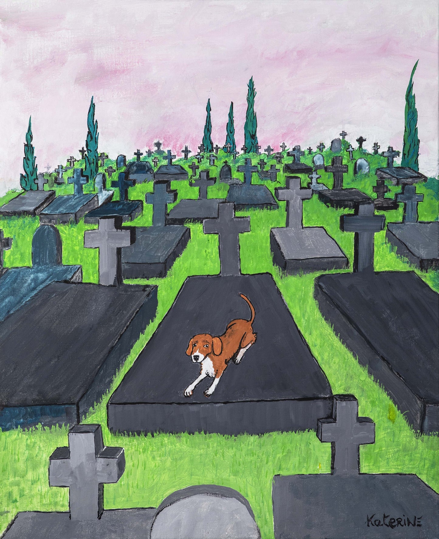 Zouzou and the death, 2022, peinture à la gouache, encadrée 61 x 50 cm
