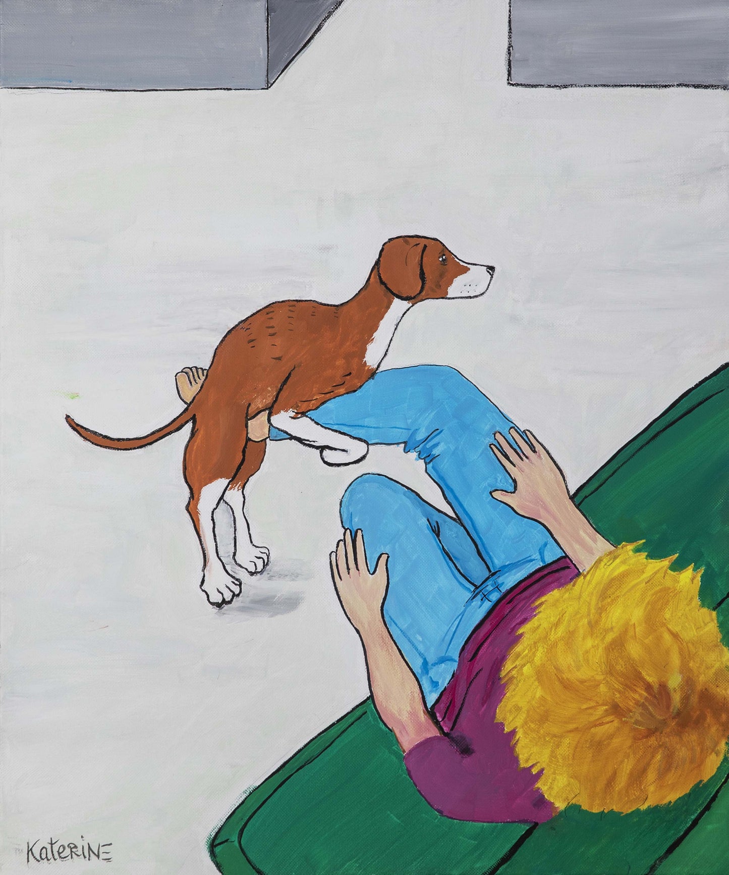 Zouzou and the leg, 2022, peinture à la gouache, encadrée 55 x 46 cm