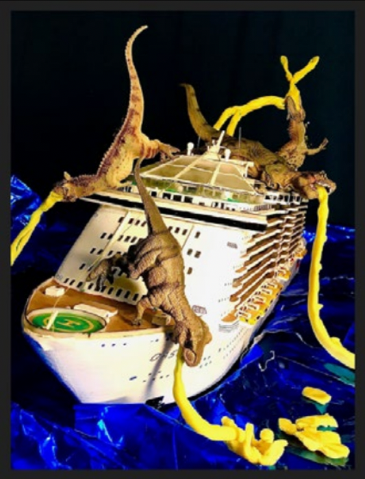 Paquebot Dino, 2022, sculpture, grand plateau sous cloche, 140 x 80 x 80 cm