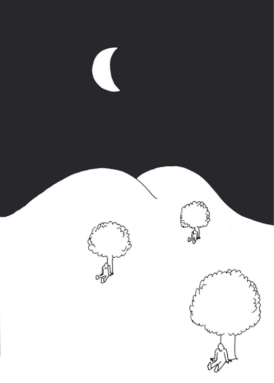 Vallée des larmes, 2021, dessin encadré 29,7 x 21 cm, le ciel noir ne figure pas sur l'oeuvre originale. Il s'agit de la reproduction du livre.