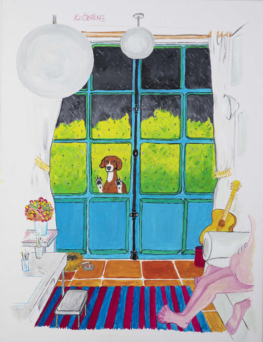 Zouzou and the house, 2022, peinture à la gouache, encadrée 65 x 50 cm